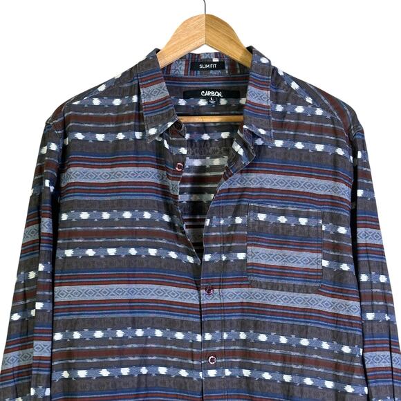 Carbon Button Down Shirt Mens L Blue Brown Aztec Print Cotton Slim Fit Retro - Picture 2 of 6